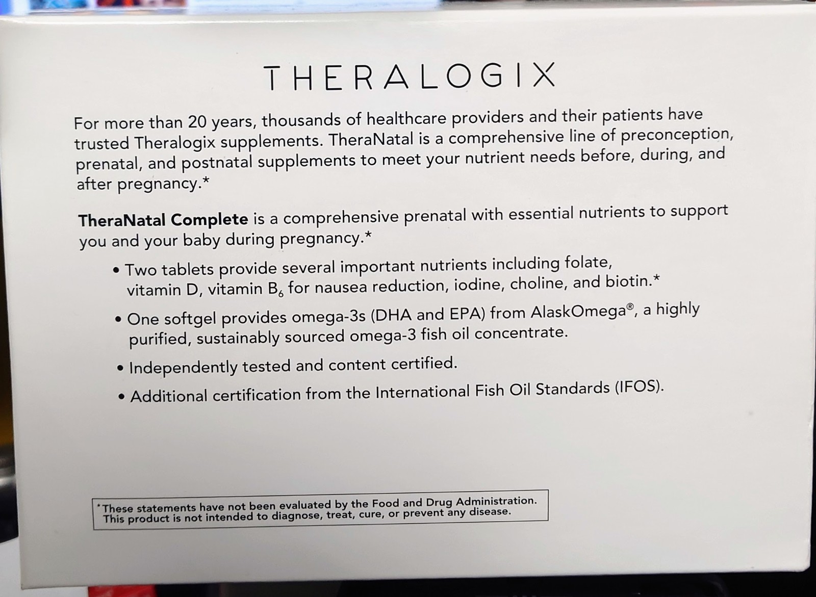 Theralogix TheraNatal Complete Prenatal Vitamin Supplement 91-Day Supply – 06/27