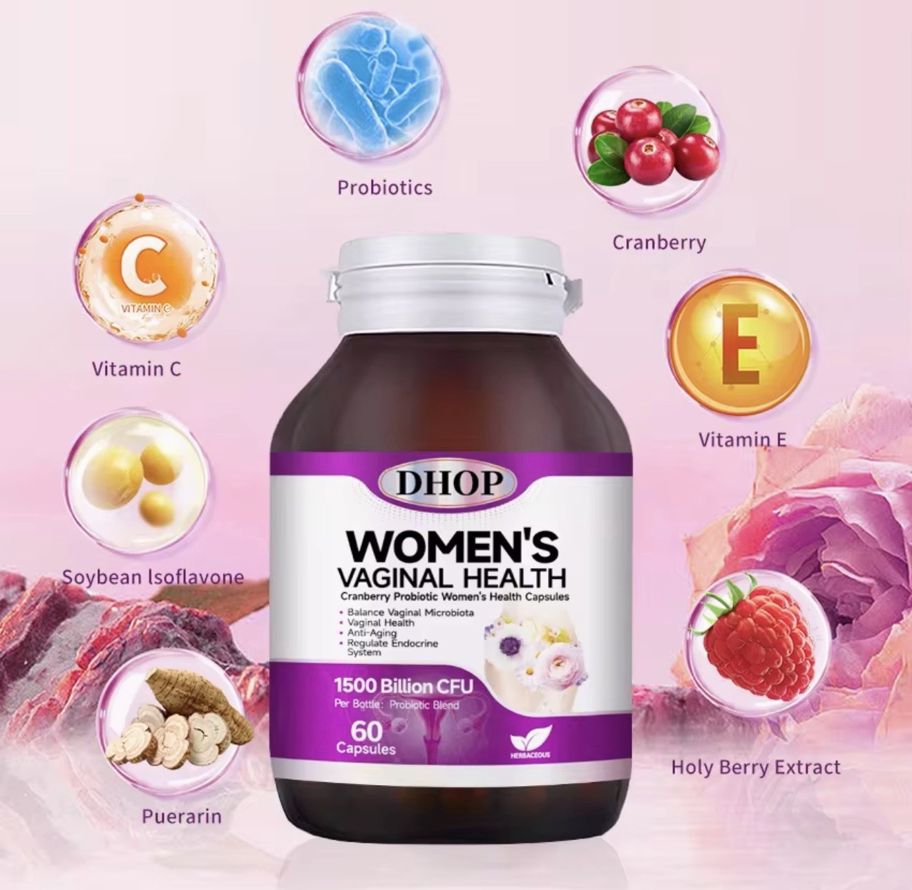 DHOP Cranberry Probiotic Capsules Women’s Health 60 Count Vitamin C E Isoflavone