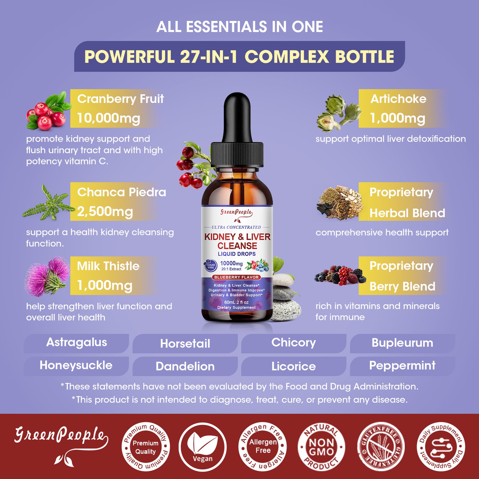 Kidney Liver Support Drops | 20:1 Cranberry Chanca Piedra Milk Thistle Vegan