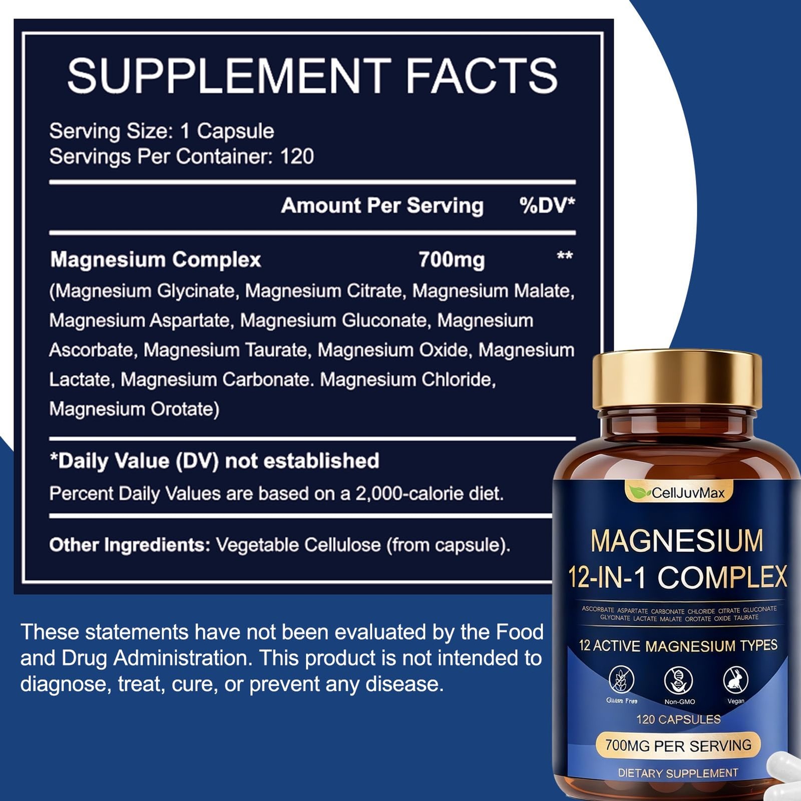Magnesium 12-in-1 Complex 700mg, with Glycinate & Citrate, Vegan Supplement for
