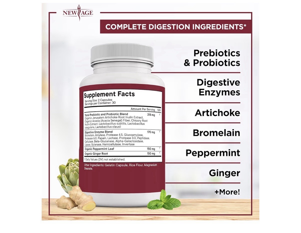 3 Packs NEW AGE Digestive Enzymes for Gut Digestive Health Probiotic Prebiotics