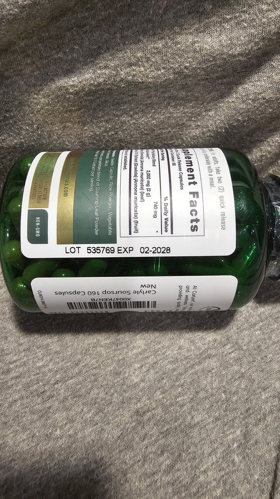 Carlyle Soursop 2000mg 160 Capsules Non-GMO Gluten-Free Allergen-Free Supplement