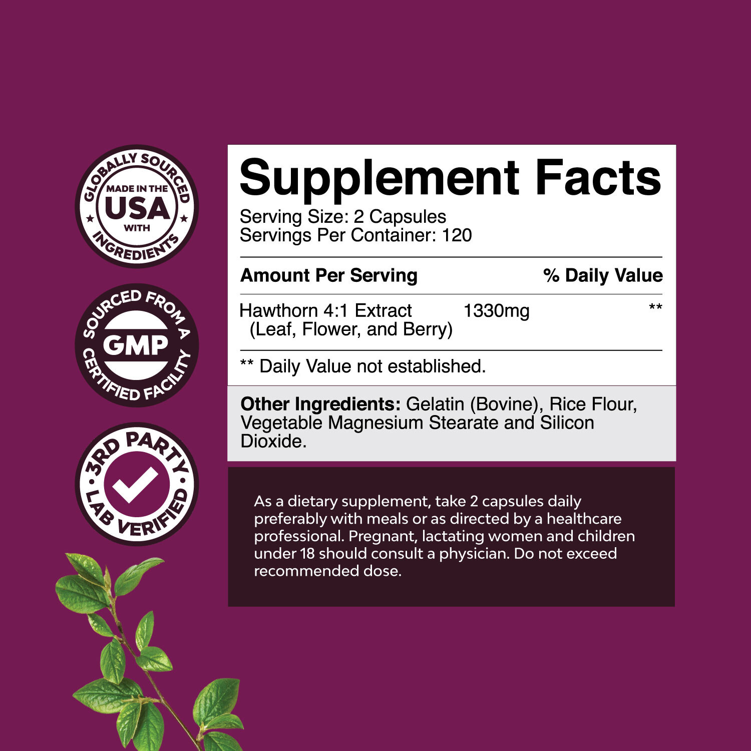 Extra Strength Hawthorn Berry Capsules 1330mg Per Serving 240ct