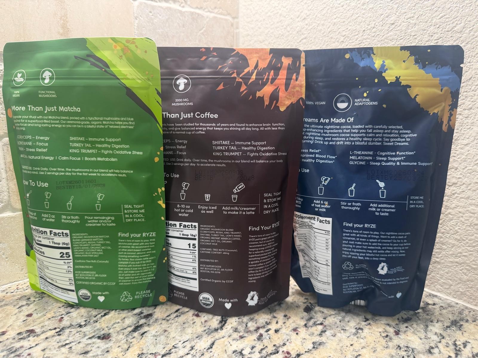 3 bags-1Ryze Organic Mushroom Matcha + 1 Coffee+ 1 hot cocoa Exp 2028
