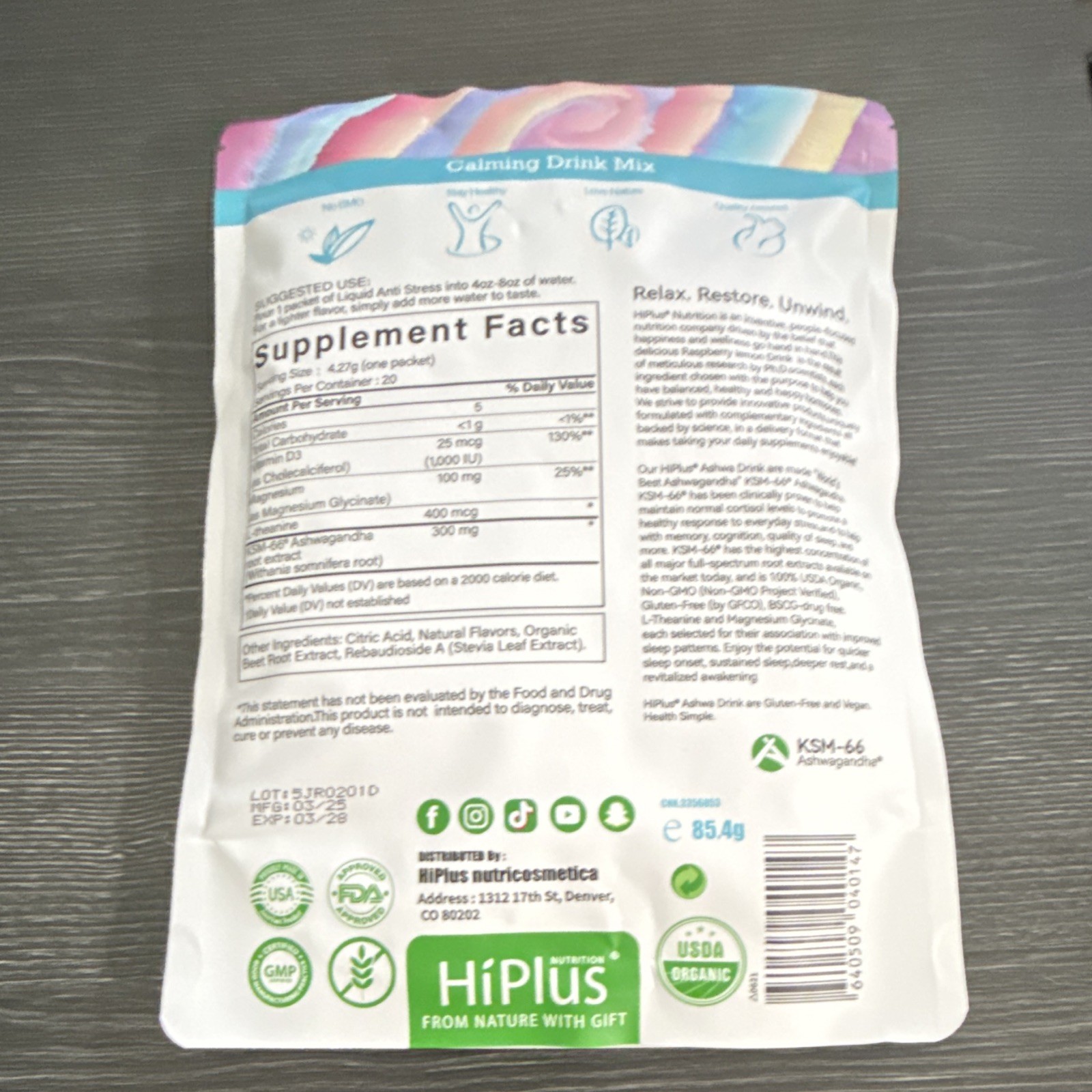 HiPlus Happy Calm Calming Drink Mix Raspberry Lemonade 20 Packets 0g Sugar 3oz