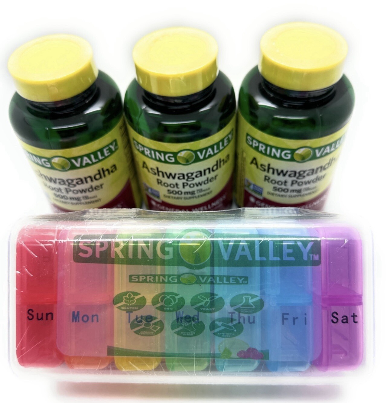 3X Spring Valley Ashwagandha Root Powder 500mg 60 Caps Plus 7 Day Pill Case