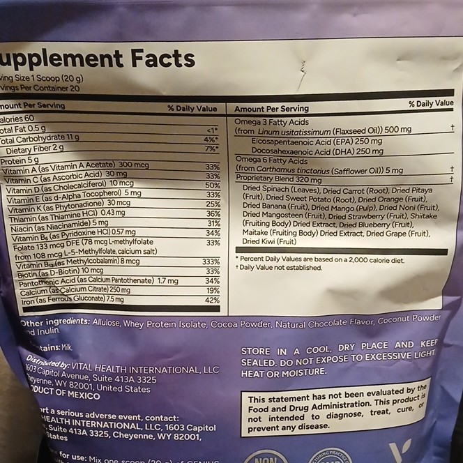 Genius Shake Powdered Multivitamin Protein Omega-3 Chocolate No Sugar 14.11 oz