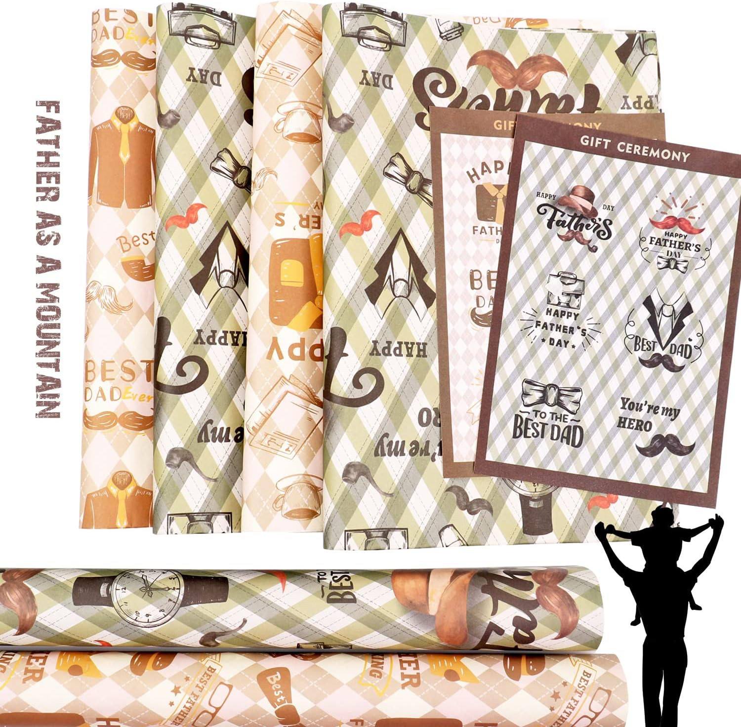 Father’S Day Wrapping Paper, 6 Sheets Gift Wrapping Paper for Men Dad, Kraft Wra