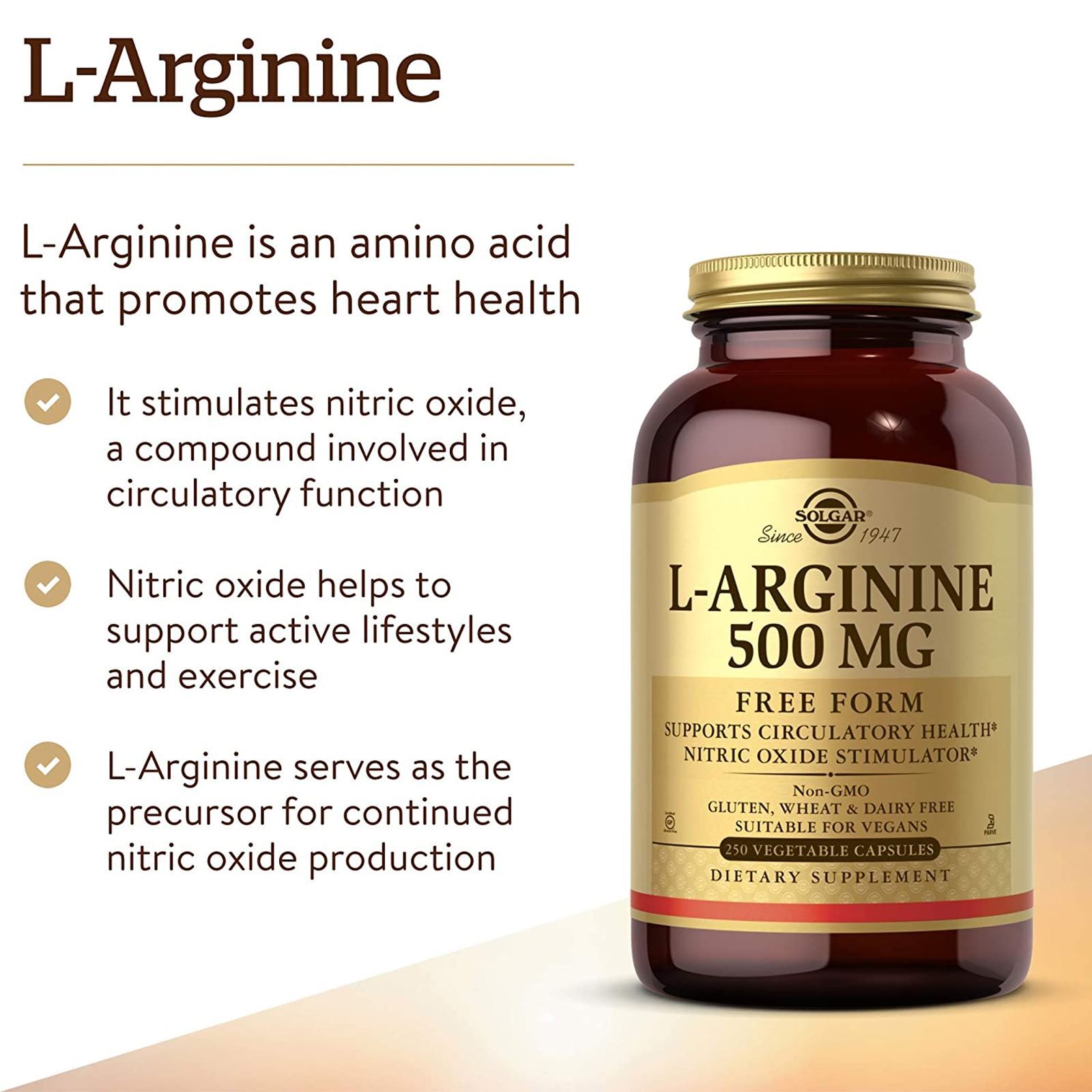 Solgar L-Arginine 500 mg 250 Vegetable Capsules, Free Form Amino Acids