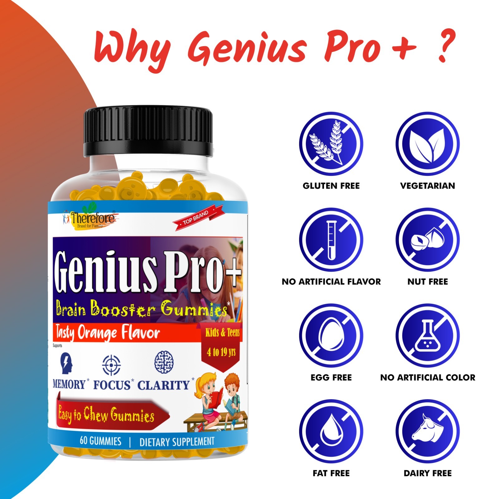 Brain Focus Gummy Vitamins for Kids, Memory Booster Omega 3,6,9, DHA & EPA 60 Ct