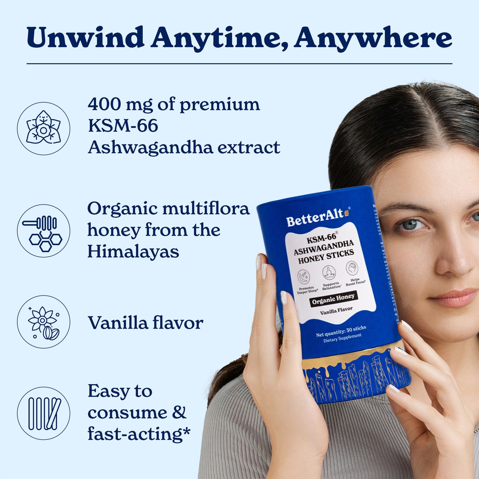 KSM-66 Ashwagandha Honey Sticks – Vanilla (30 Sticks)