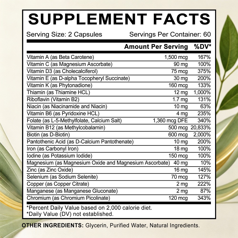 Multivitamin Caps,Full Spectrum Vitamins,Daily Energy & Immune Wellness,120Caps