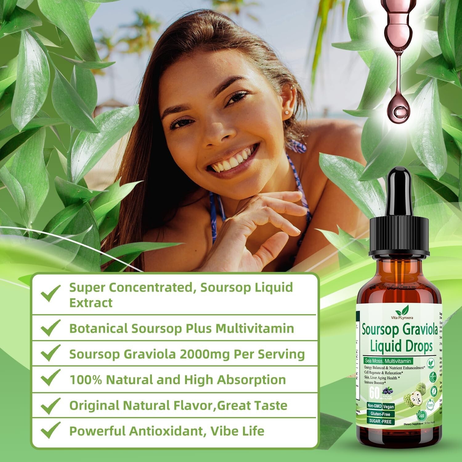 Soursop Graviola Liquid Drops, Soursop Extract Multivitamin Drops w. Sea Moss, G