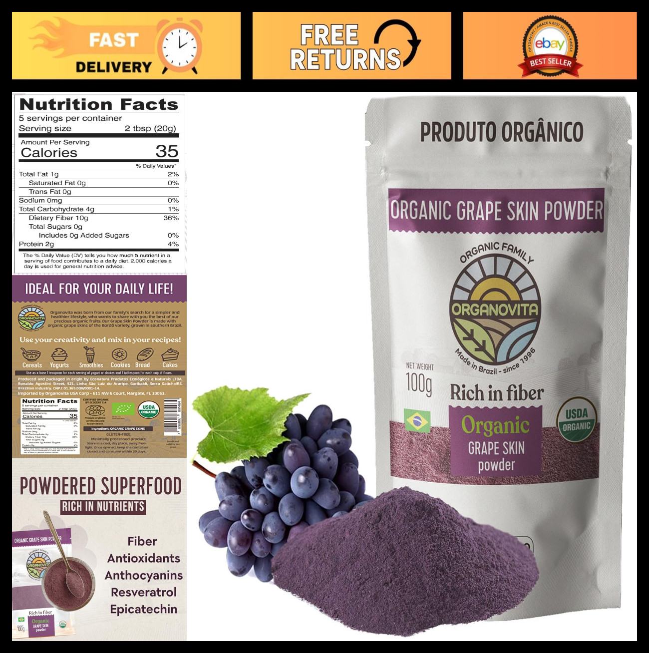 Organic Smoothie Powder – High Fiber, Gluten-Free, Antioxidant Rich, Cold-Presse