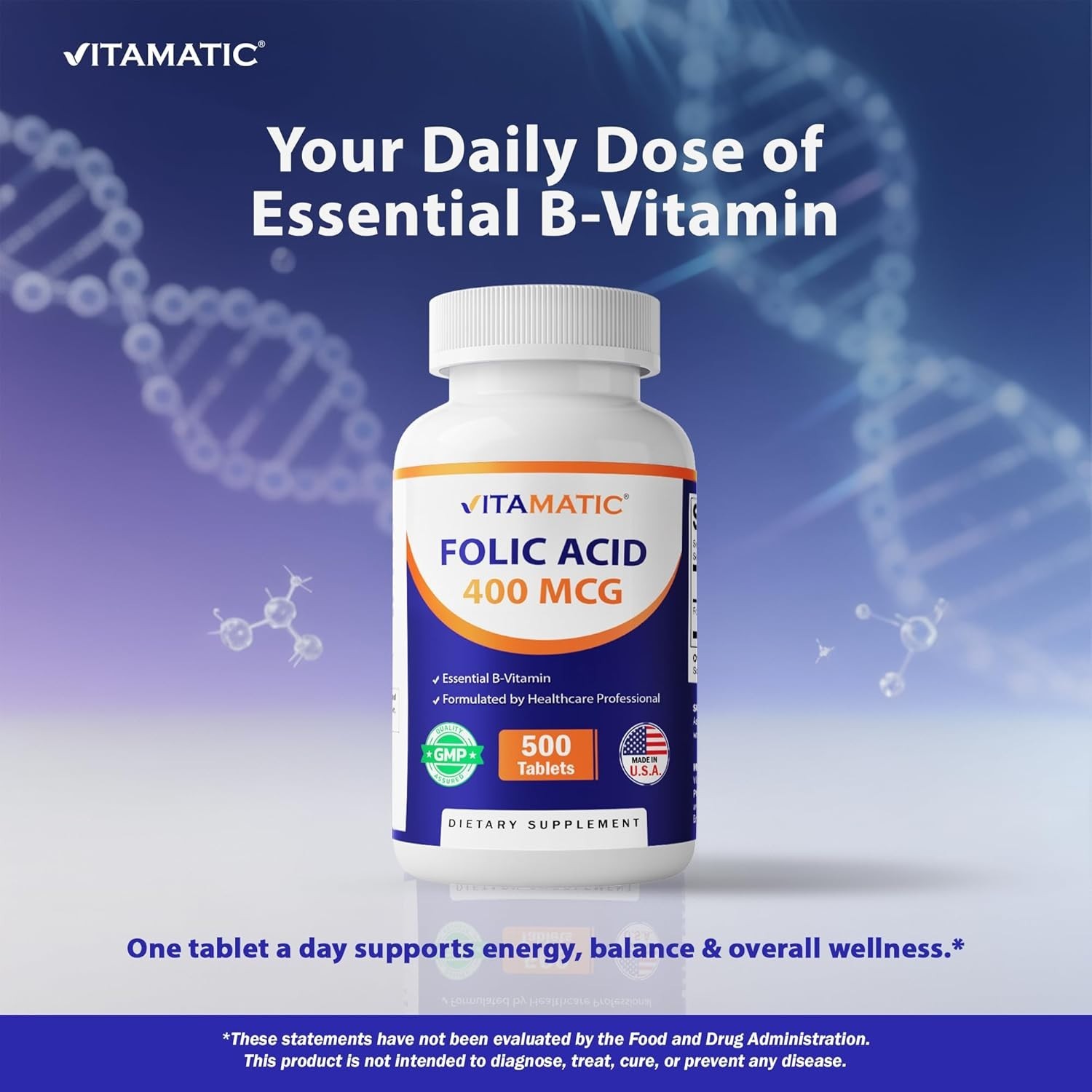 Folic Acid 400 mcg 500 Vegetarian Tablets Gluten Free Vitamin B9 Exp:12/26