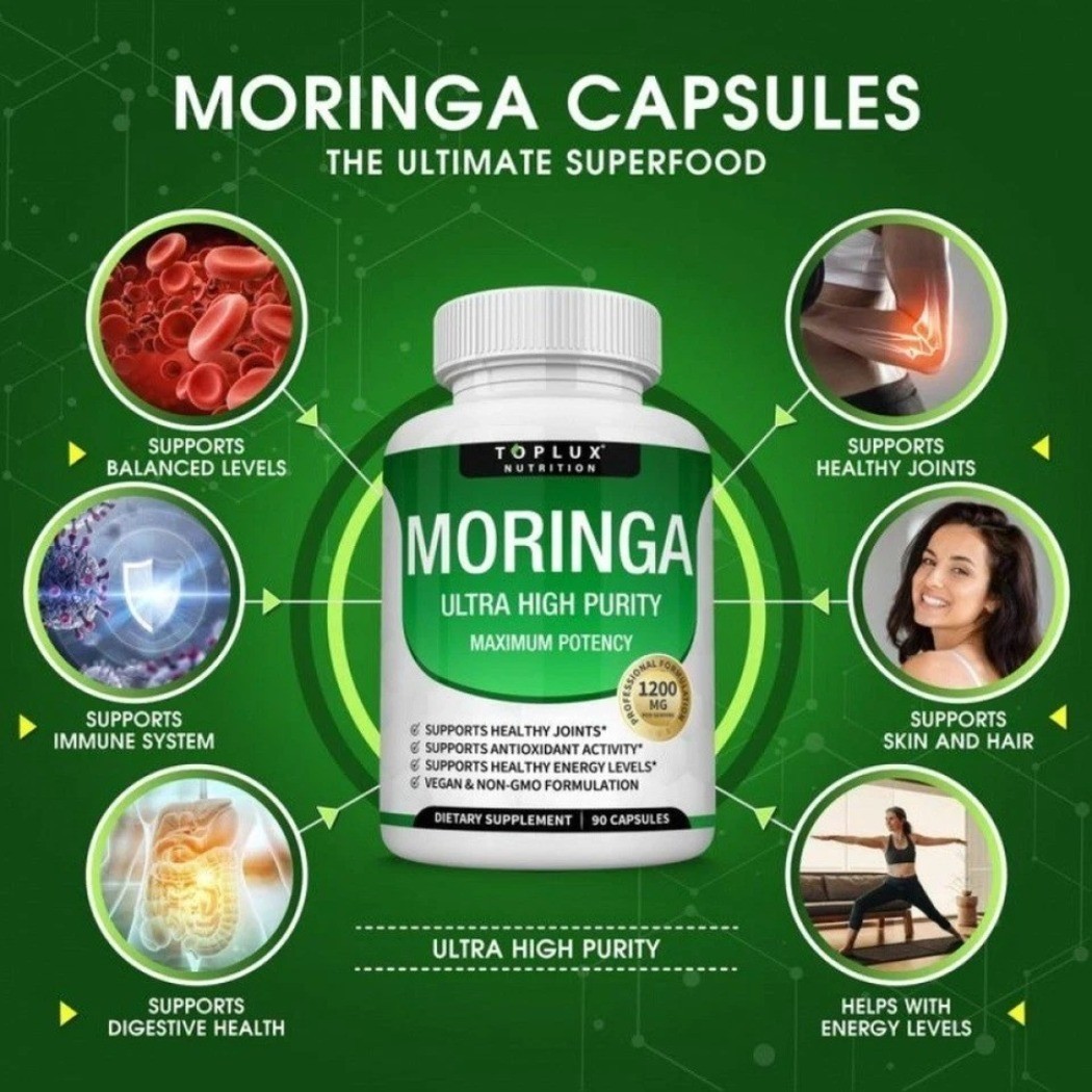 TOPLUX Moringa Leaf Powder Capsules 1200mg Dietary Supplement 90 Count