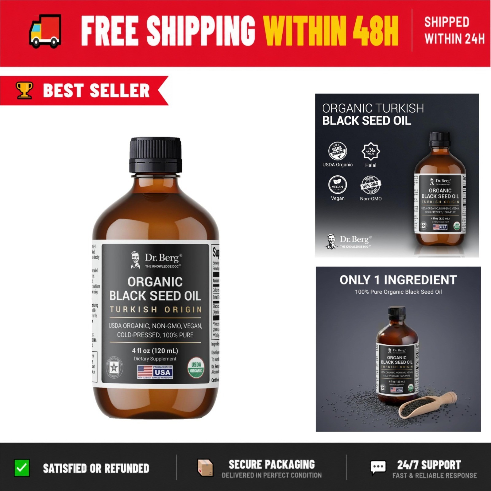 Dr. Berg Black Seed Oil Organic Cold Pressed 4 oz – Immune Support, Vegan
