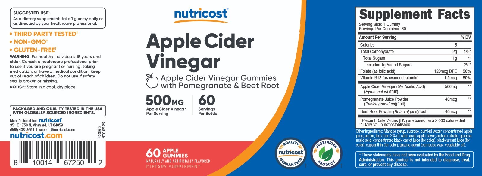 Nutricost Apple Cider Vinegar 500mg, 60 Gummies, Apple Flavored