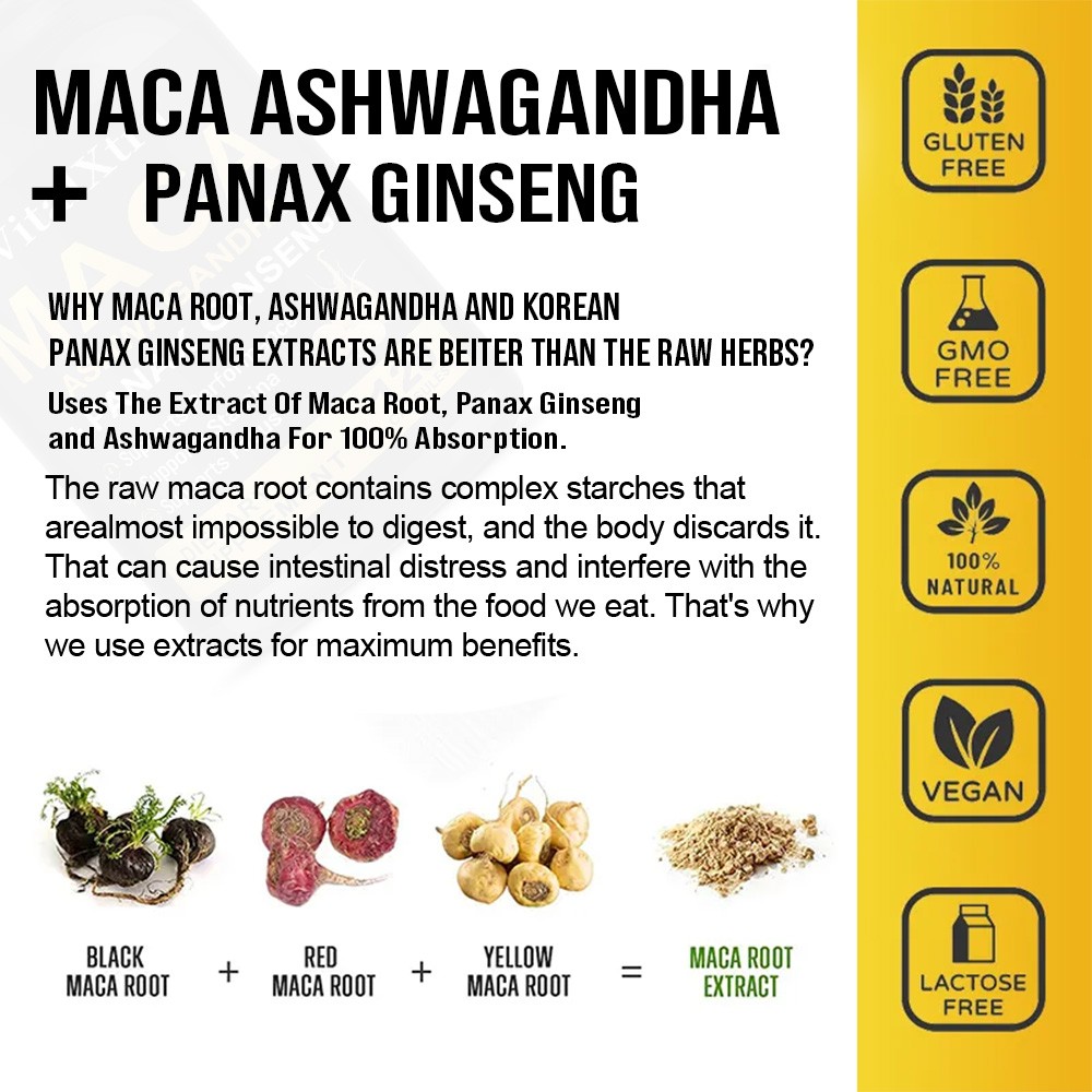Maca Root with Ashwagandh – 2X Potency Natural Energy Booster 30/60/120 Caps