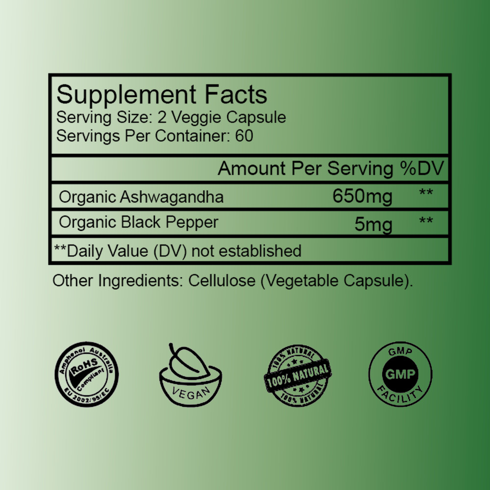 Organic Ashwagandha Capsules 1300mg Supplement w/Black Pepper Root Powder 120Pc
