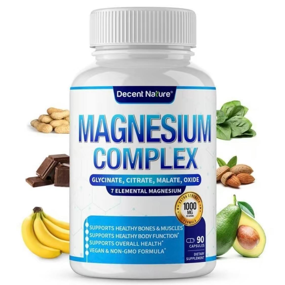 2 BOTTLES—Decent Nature Magnesium Complex1000mg-7Elemental Magnesium Capsules