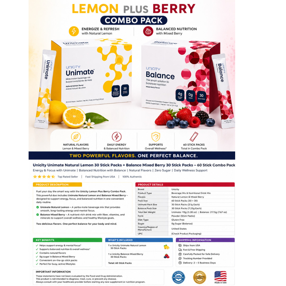 Unicity Unimate Lemon & Balance Mixed Berry Combo Pack 60 Sachets Dietary Mix