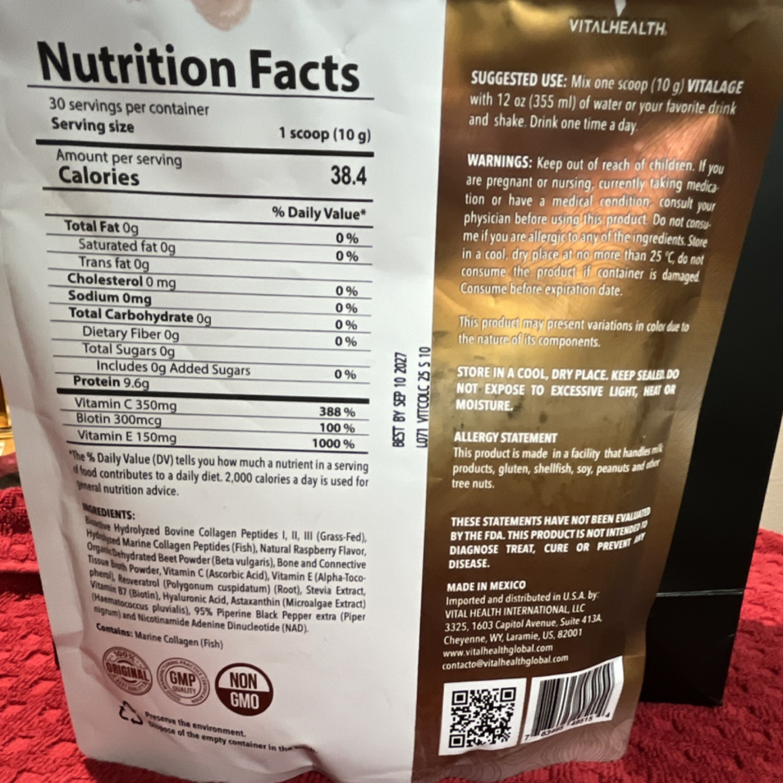VitalHealth Collagen Powder Raspberry 10.58 oz Sugar-Free Gluten-Free Hair, Ski…