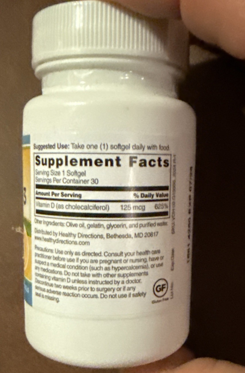 Healthy Directions Vitamin D3 (30 Softgels) 5000 IU Immune Support EXP 07/26 B3