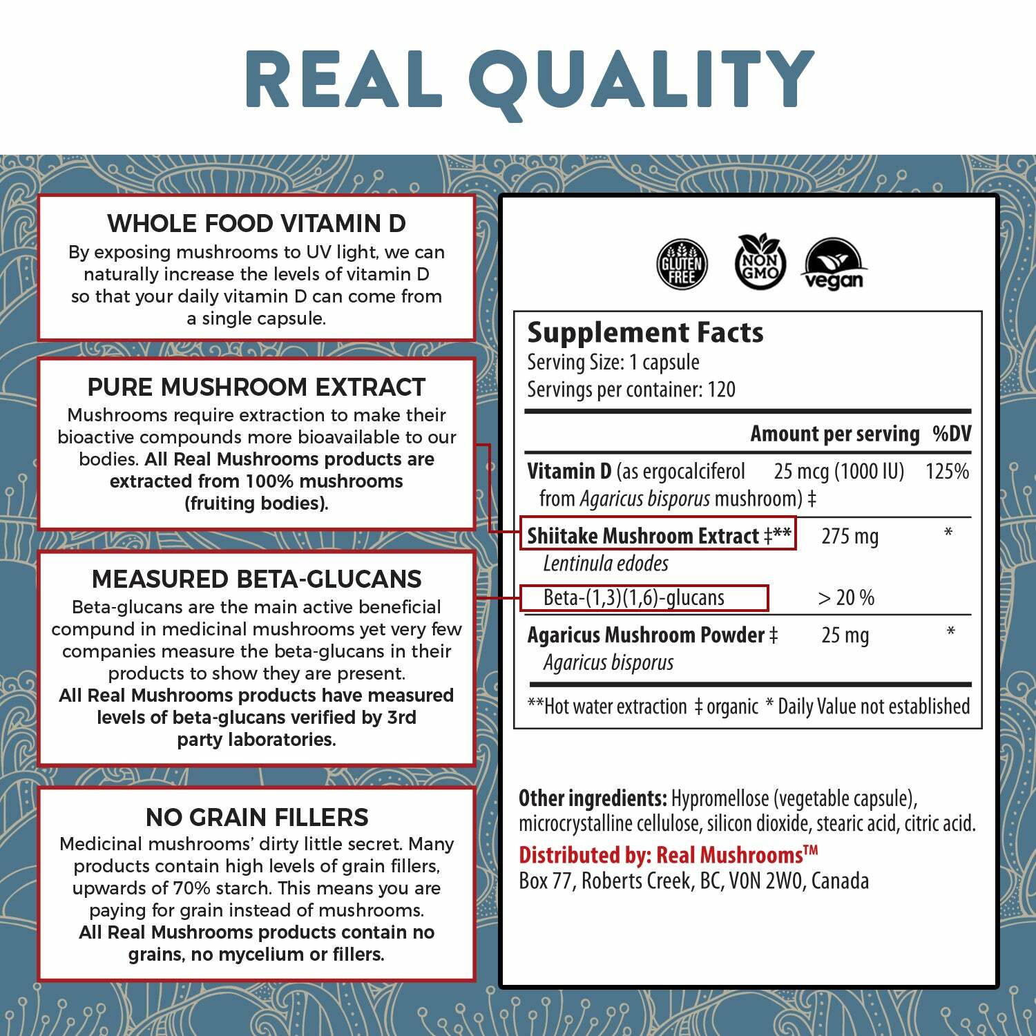 Real Mushrooms Organic Vitamin D Vegan Active Compounds Pure Vegan 120 caps NEW