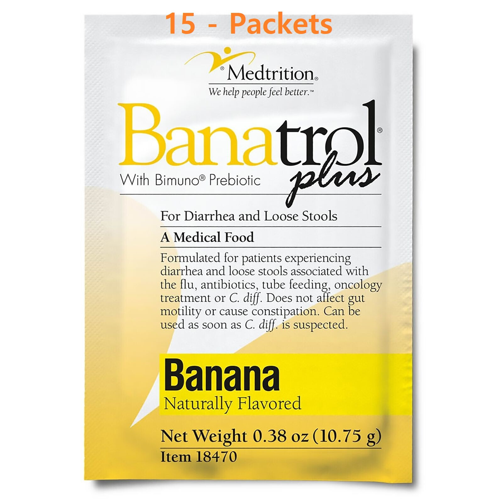 15 Pack Banatrol Plus Oral Supplement Fiber Banana Flavor Powder 11 Gram Packet