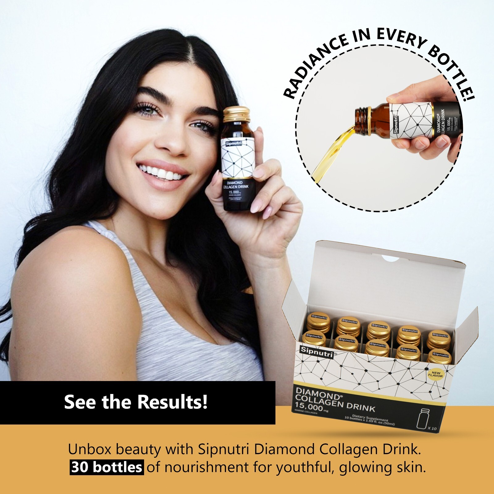 Sipnutri Liquid Collagen Drink 15000mg Hydrolyzed Marine Fish Collagen 3 Boxes