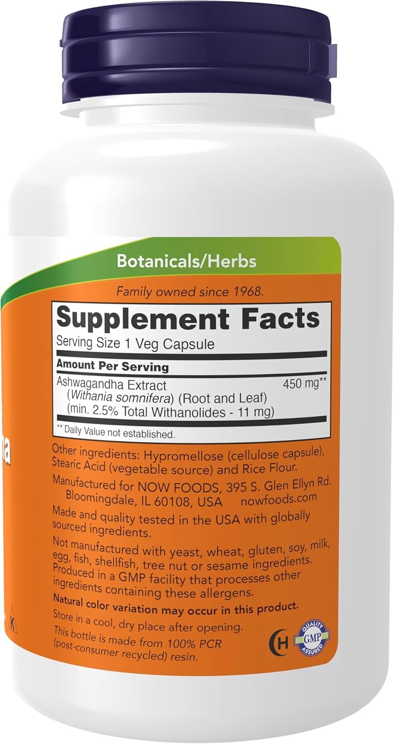 NOW FOODS Ashwagandha 450 mg 180 Veg Capsules EXP 07/28