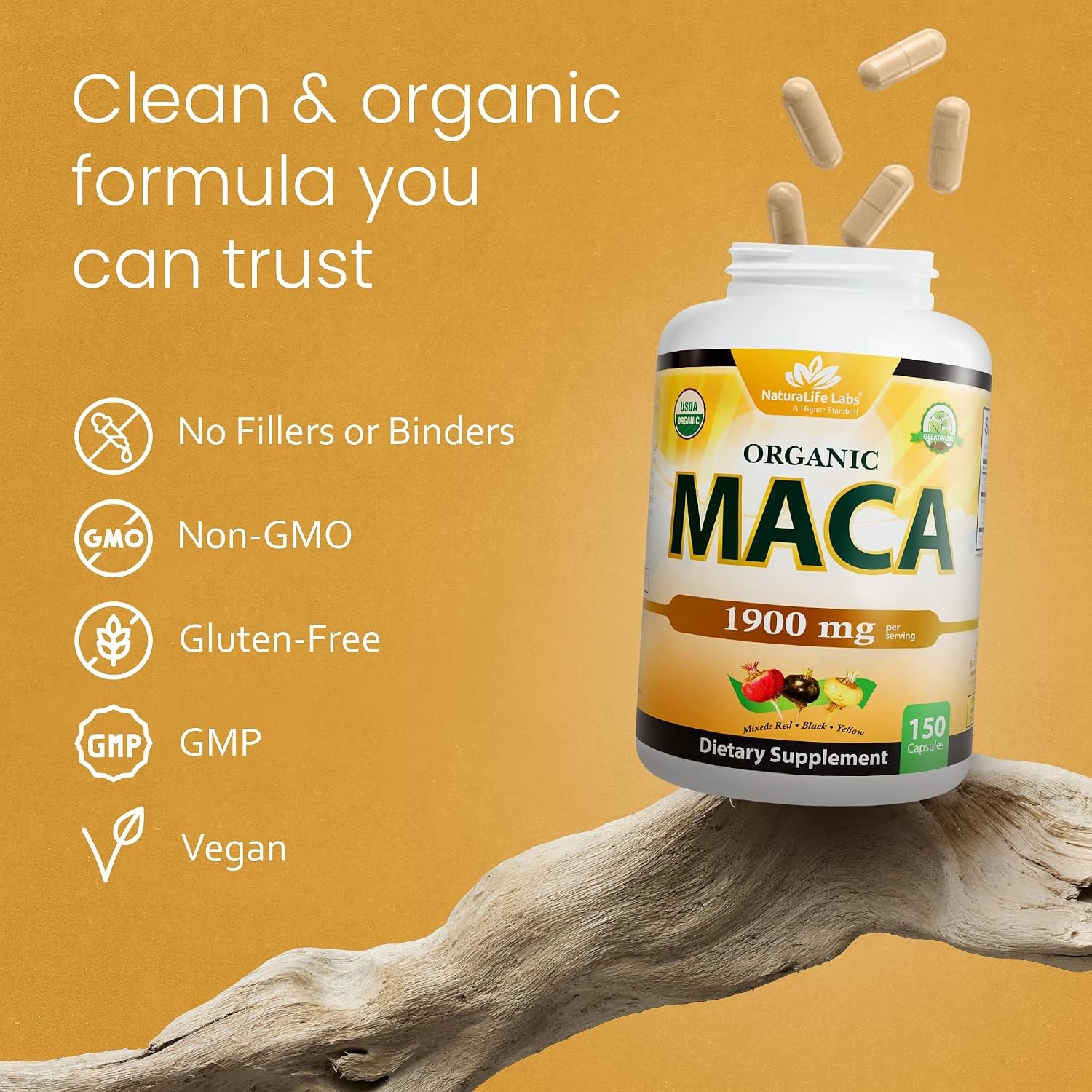 NaturaLife Labs Organic Maca Root – Black, Red & Yellow – 1900 mg per Serving –