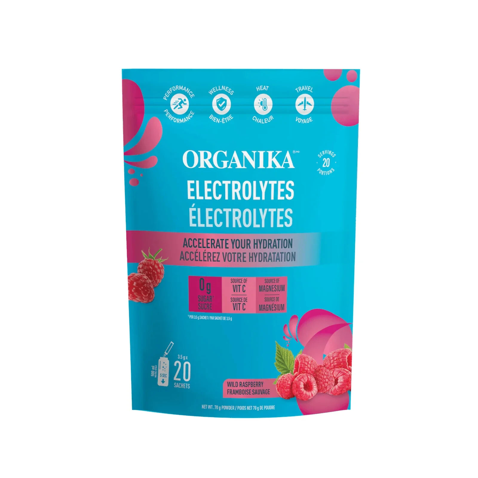 Organika Electrolytes Sachets Wild Raspberry Flavor Vitamin C Hydrate 70g NEW