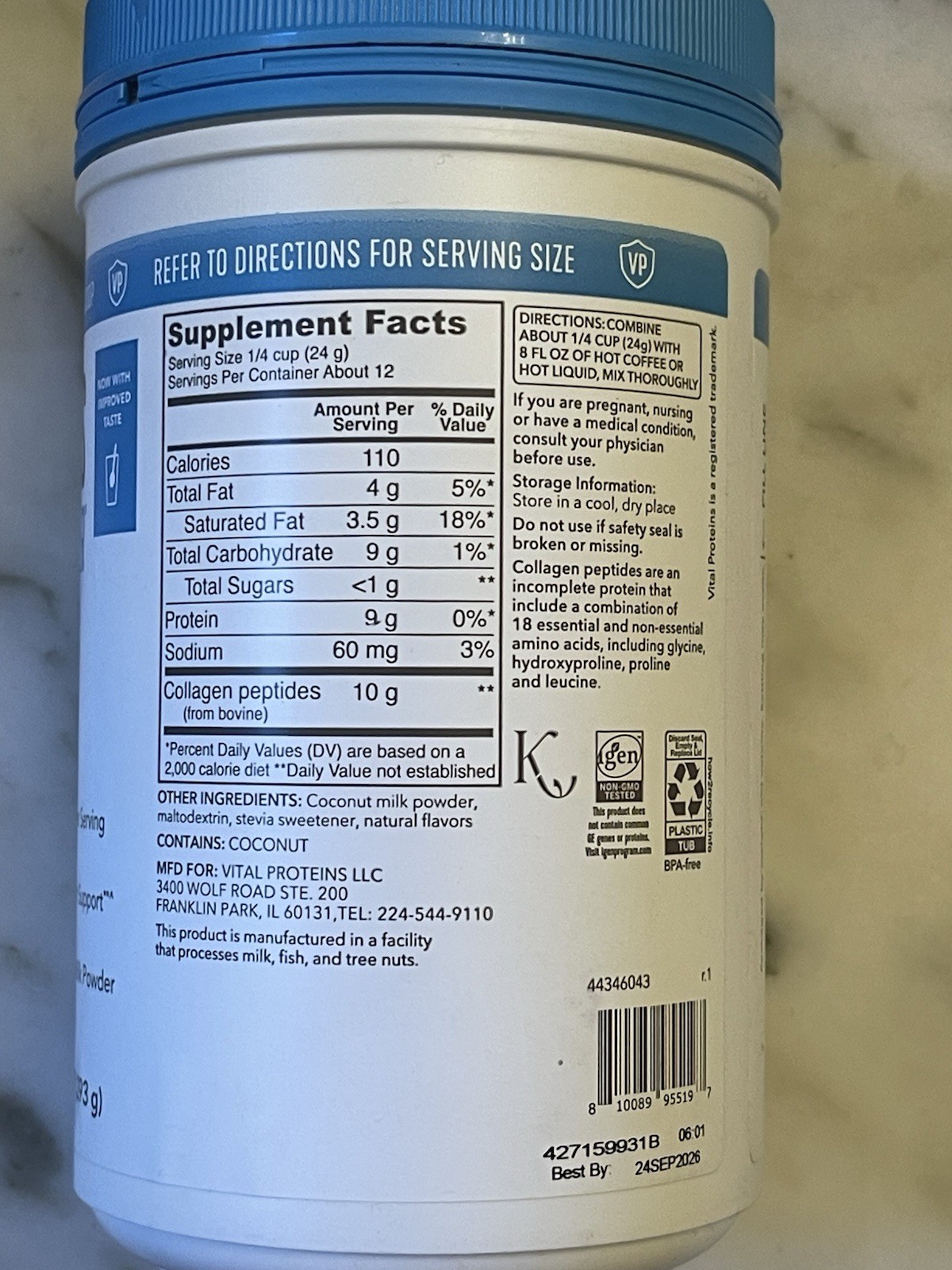 Vital Proteins Collagen Creamer Original Powder 10.3oz Non-GMO DF GF 24SEPT2026