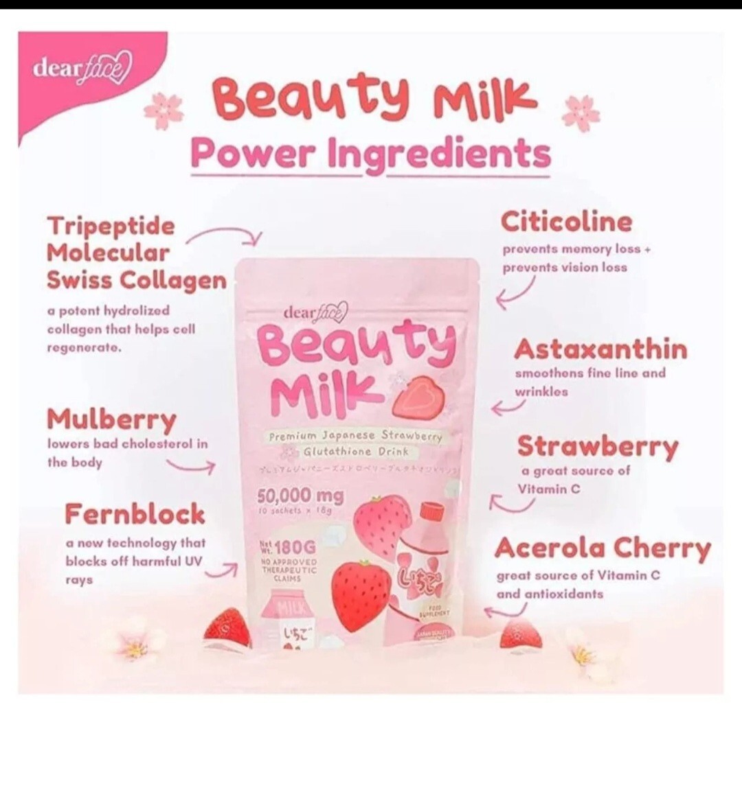 Dear Face Beauty Milk Japanese Collagen STRAWBERRY Drink, 10 Sachets X 18g
