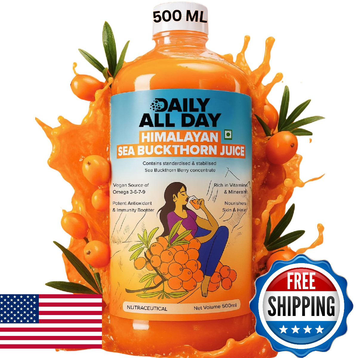 Daily All Day Himalayan Sea Buckthorn Juice Berry Pulp Omega 7 16.9 Fl Oz 500