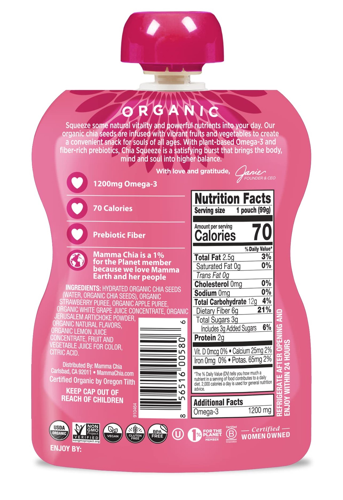 Mamma Chia Organic Prebiotic 3.5 Ounce (Pack of 16), Strawberry Lemonade