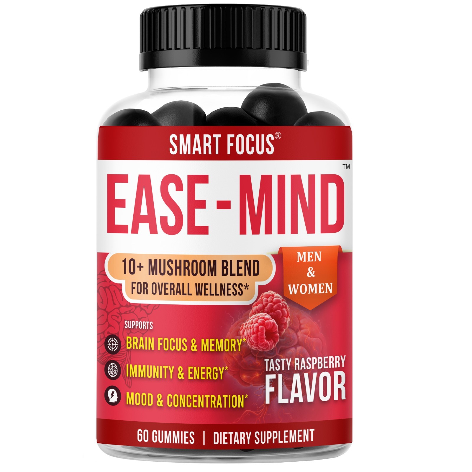 Ease-Mind Mushroom Gummies Lions Mane Reishi Cordyceps Focus Support 60ct