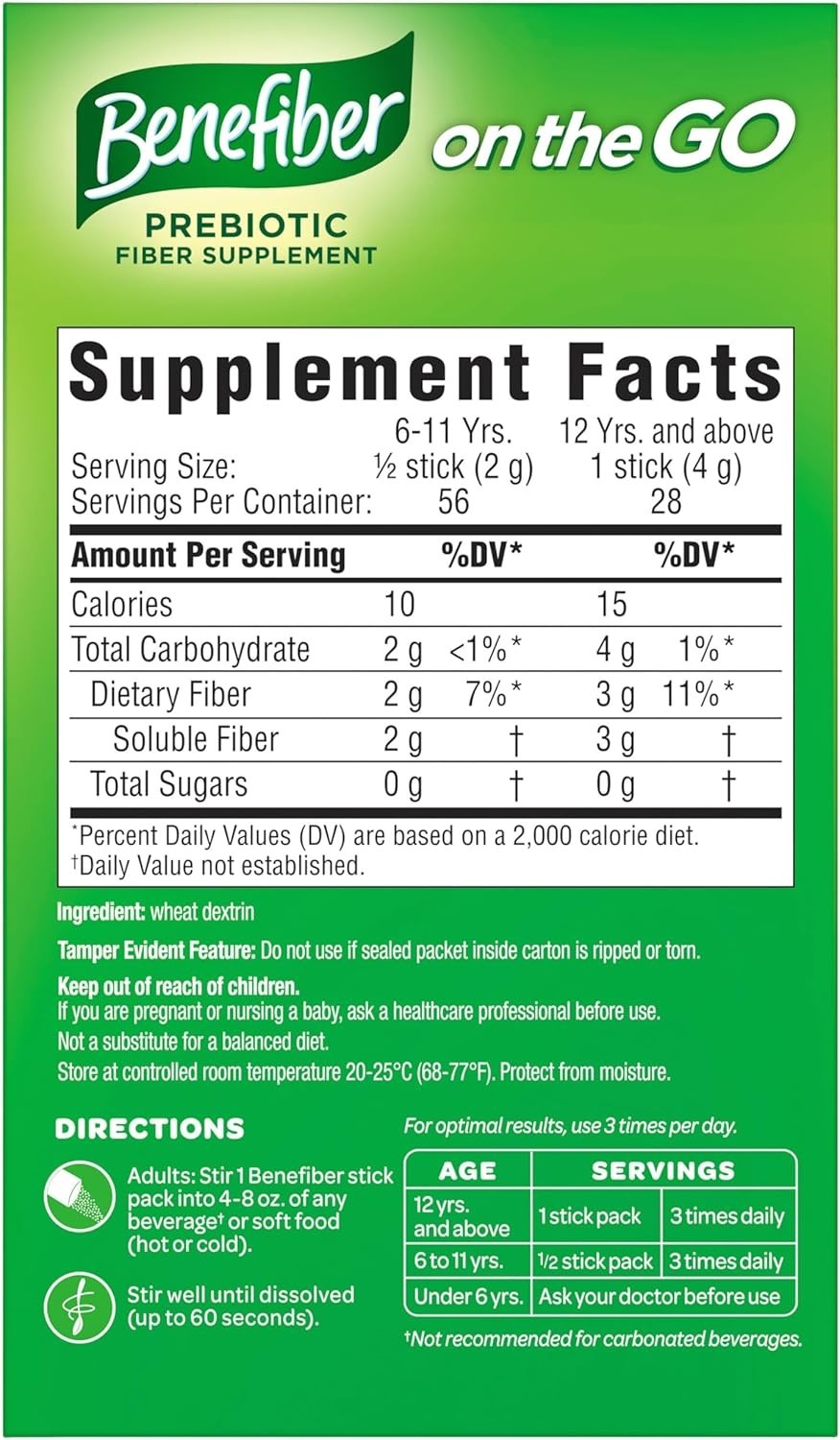 Benefiber On The Go Prebiotic Fiber Powder Unflavored 3.92 Oz 28 Ct