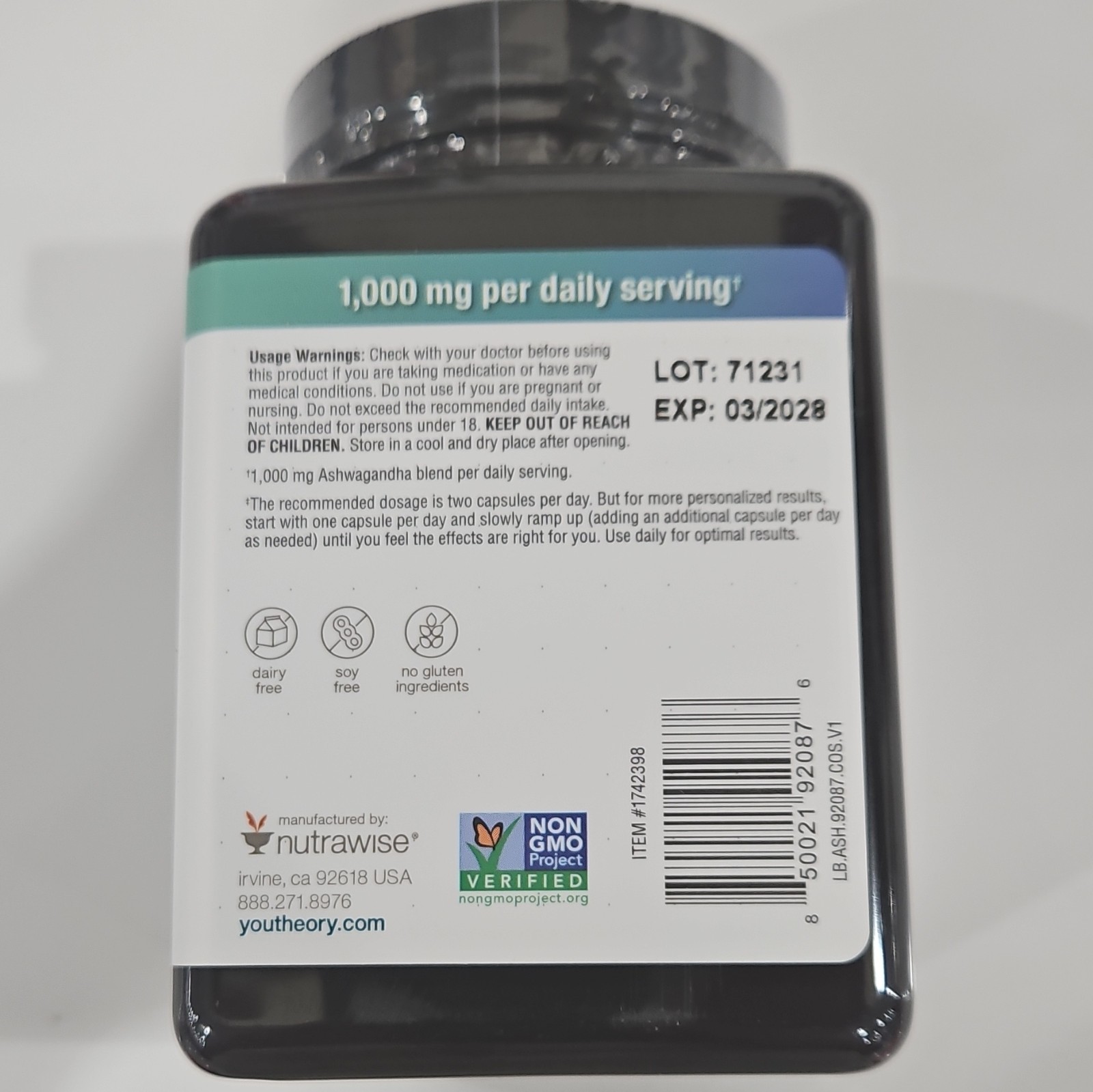 Youtheory Ashwagandha 1000mg KSM-66 Stress Support 180Vegetarian CapExp 03/2028