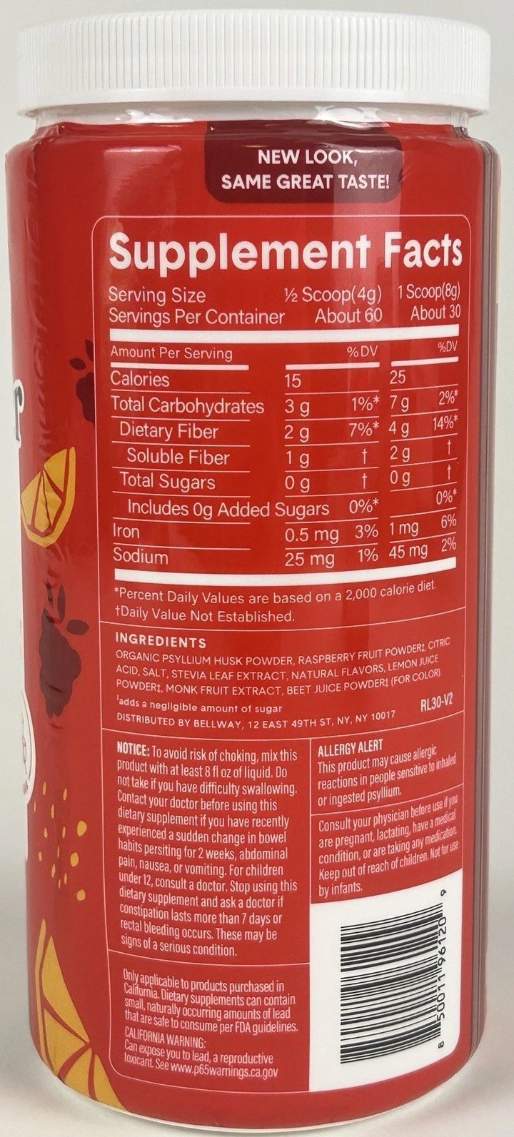 Bellway Super Fiber Psyllium Supplement Raspberry Lemon Gut Health 8.3oz