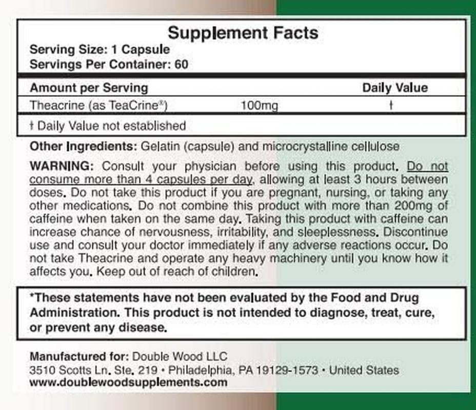 Theacrine (Teacrine) 100 Mg, 60 Capsules – Energy and Focus Supplement (Similar