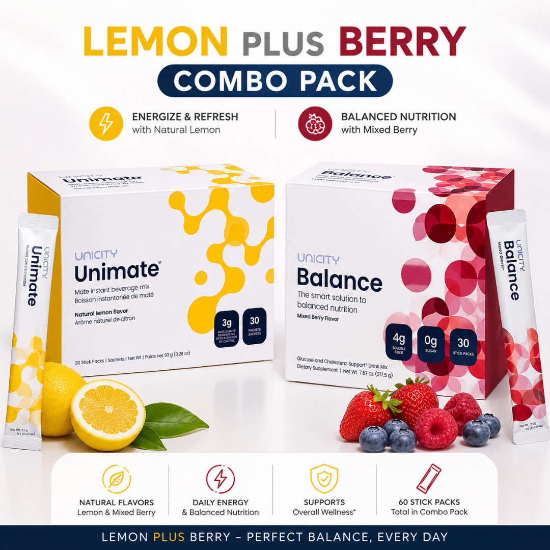 Unicity Unimate Lemon & Balance Mixed Berry Combo Pack 60 Sachets Dietary Mix