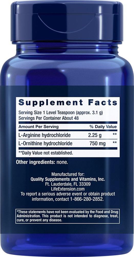 Life Extension L-Arginine 2250mg L-Ornithine 750mg Powder- 5.29 OZ 150 grams