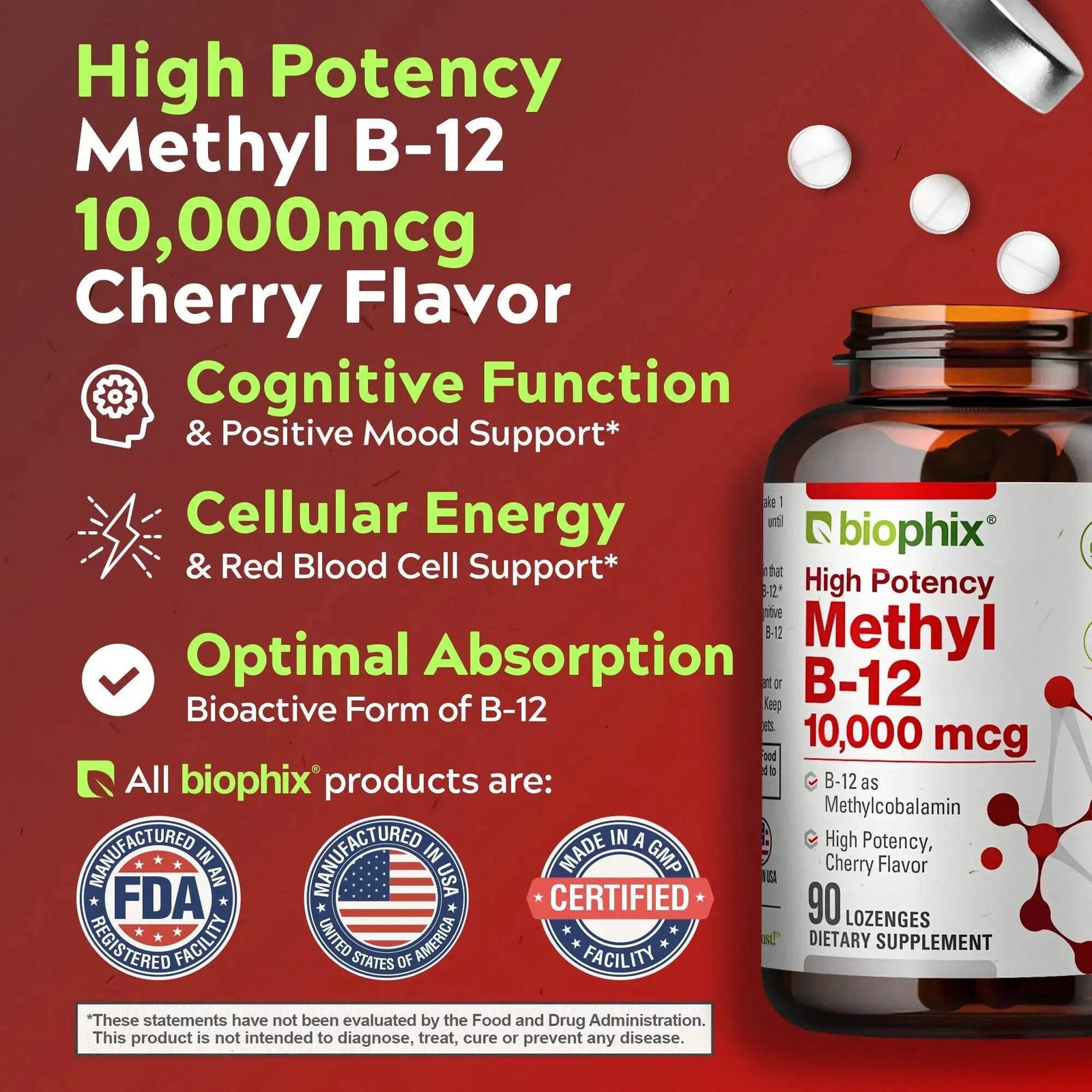Biophix Methyl B-12 Cherry Flavor 10000 mcg 90 Vegan Lozenges