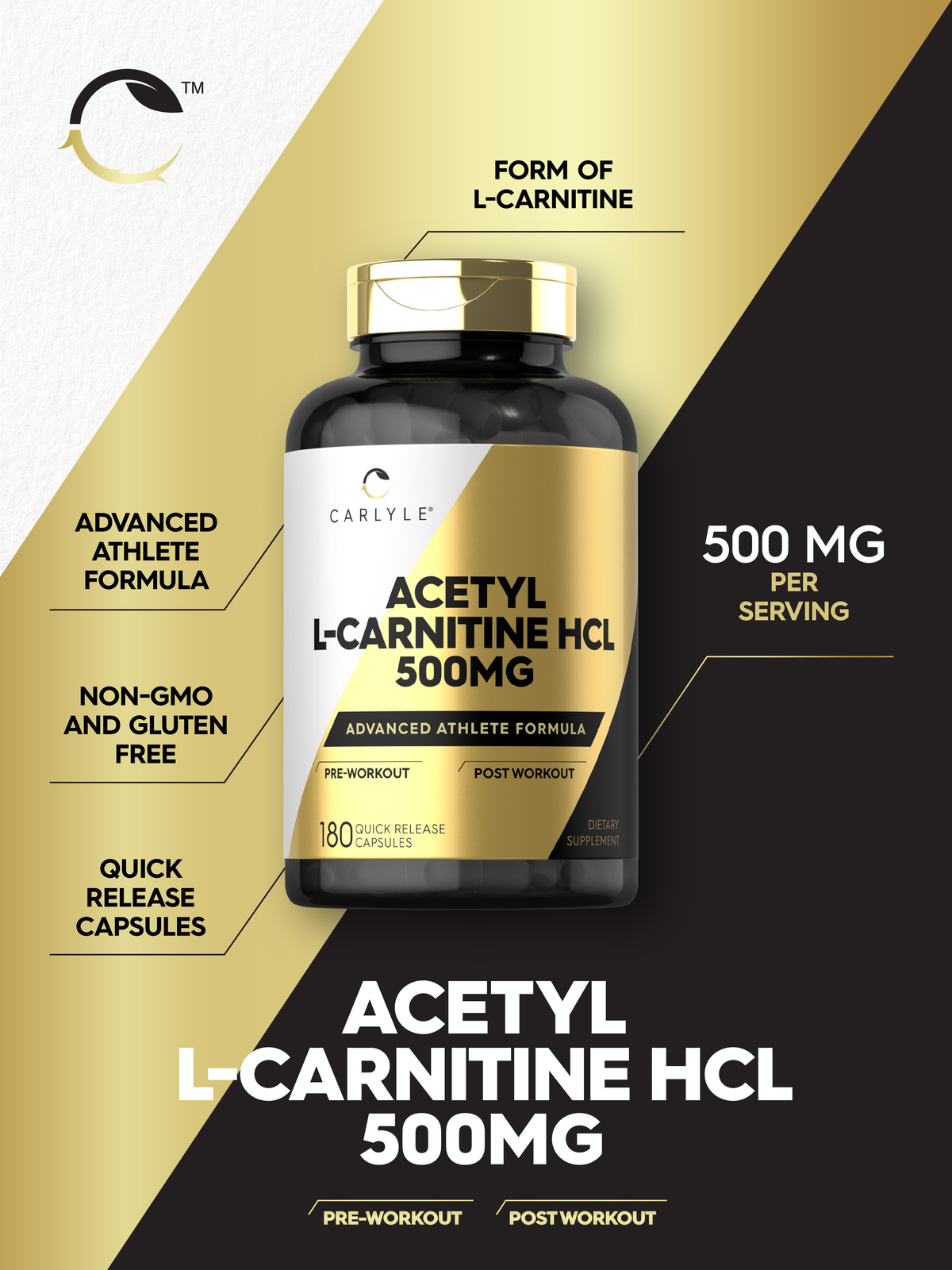 Acetyl L-Carnitine HCL 500mg | 180 Capsules | Non- GMO, Gluten Free | by Carlyle