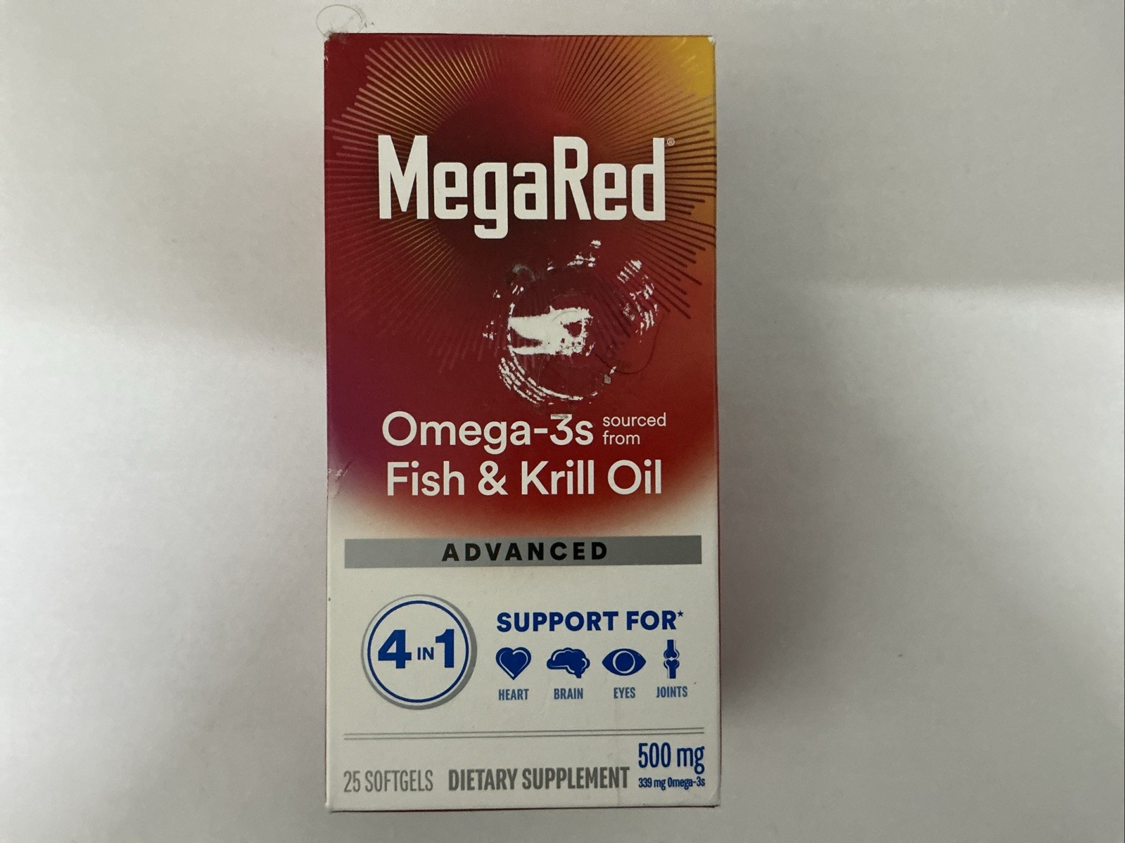 MegaRed Advanced Absorption Omega 3 Fish Oil 500mg 25 Softgels New.EXP 07/2026
