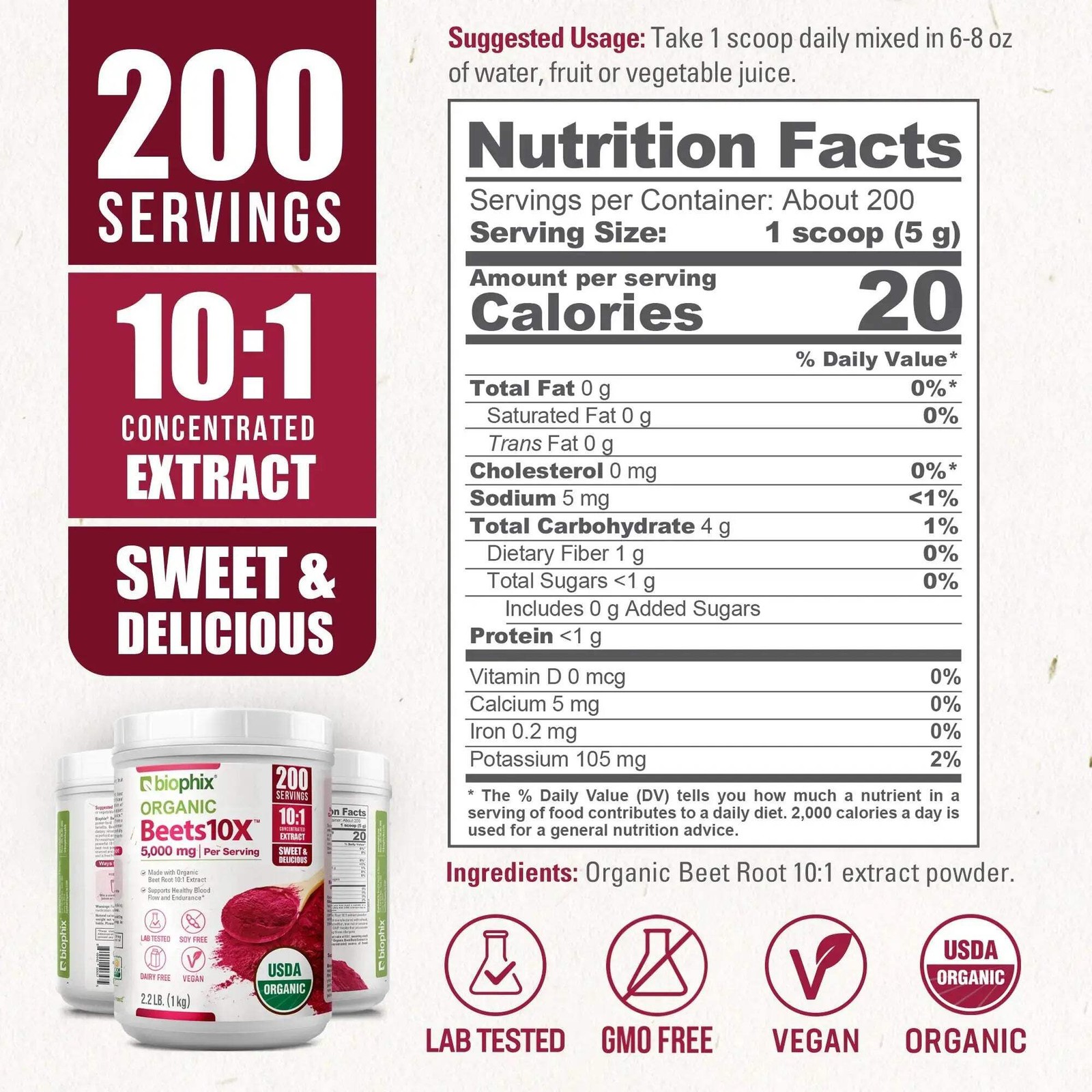 biophix Organic Beets 10X Beet Root Powder 2.2 lb 50000 mg Equivalent