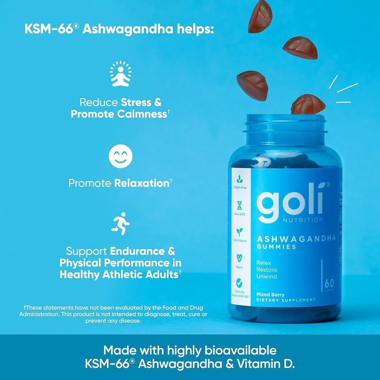 Goli Ashwagandha & Vitamin D Gummies – 60 Count – Vegan & Gluten-Free
